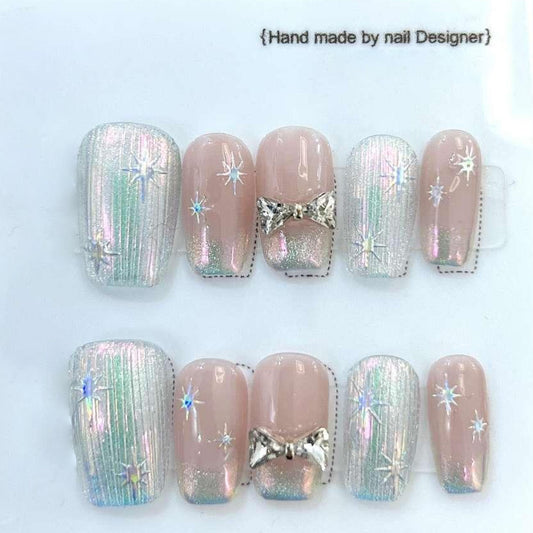 Silver Aurora with Pink Stars French Manicure - YC002